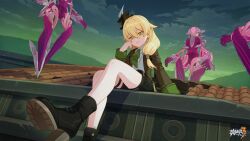 Rule 34 | 1boy, arm support, ascot, bare legs, black footwear, black headwear, black shorts, blonde hair, boots, character request, evil smile, green ascot, green sky, hat, highres, honkai (series), honkai impact 3rd, logo, long sleeves, male focus, official art, official wallpaper, on roof, outdoors, rooftop, shorts, smile, spoilers