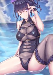 Rule 34 | 1girl, armlet, bare shoulders, black gloves, black one-piece swimsuit, blue sky, blush, breasts, covered navel, fate/grand order, fate (series), fingerless gloves, flower, glasses, gloves, gold trim, hair flower, hair ornament, hair up, half gloves, highleg, highleg swimsuit, knee up, large breasts, long hair, looking at viewer, murasaki shikibu (fate), murasaki shikibu (swimsuit rider) (fate), ocean, ohguro mariya, one-piece swimsuit, one eye closed, purple eyes, purple hair, sky, smile, swimsuit, thighs