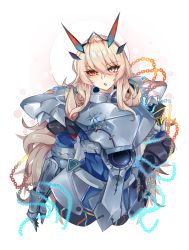 Rule 34 | 1girl, absurdres, armor, blonde hair, blue eyes, blush, breastplate, breasts, chain, barghest (fate), barghest (first ascension) (fate), fate/grand order, fate (series), faulds, female knight, gauntlets, greaves, heterochromia, highres, horns, kive, large breasts, long hair, looking at viewer, open mouth, orange eyes, pauldrons, shoulder armor, solo