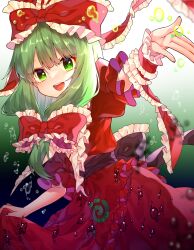 Rule 34 | 1girl, arm ribbon, bow, commission, dress, frilled bow, frilled ribbon, frills, front ponytail, gradient background, green eyes, green hair, hair bow, hair ribbon, highres, kagiyama hina, lifting own clothes, looking at viewer, open mouth, puffy short sleeves, puffy sleeves, red dress, red ribbon, renka (sutegoma25), ribbon, short sleeves, skeb commission, smile, solo, teeth, touhou, upper teeth only