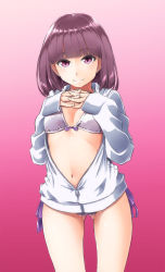 Rule 34 | 1girl, alto-00, bikini, bob cut, breasts, character request, copyright request, fingers together, gluteal fold, gradient background, hair between eyes, highres, hood, hoodie, jacket, long sleeves, looking at viewer, medium hair, open clothes, pink background, pink eyes, pink hair, small breasts, smile, solo, standing, swimsuit, white bikini, white jacket