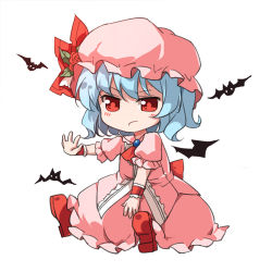Rule 34 | 1girl, angry, ascot, bat (animal), bat wings, blue hair, blush stickers, bow, brooch, chibi, closed mouth, dress, flower, frown, full body, hat, jewelry, lowres, mob cap, outstretched hand, pink dress, puffy short sleeves, puffy sleeves, red ascot, red bow, red eyes, red footwear, remilia scarlet, rose, shoes, short hair, short sleeves, simple background, sindre, sitting, solo, touhou, white background, wings, wrist cuffs