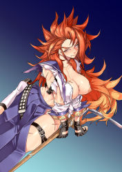 Rule 34 | 1girl, breasts, breasts out, facial scar, female focus, gradient hair, kagemitsu ryuuko, large breasts, long hair, messy hair, multicolored hair, nipples, red hair, rokkotsu, sailor collar, scar, scar on cheek, scar on face, shinken!!, solo, sword, torn clothes, weapon