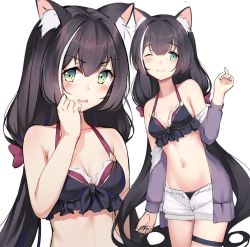 Rule 34 | animal ear fluff, animal ears, bare shoulders, bikini, bikini top only, bikini under clothes, black hair, breasts, cat ears, gin00, green eyes, halterneck, karyl (princess connect!), karyl (summer) (princess connect!), long hair, low twintails, medium breasts, multicolored hair, one eye closed, open mouth, princess connect!, shorts, smile, streaked hair, swimsuit, thigh strap, twintails, very long hair