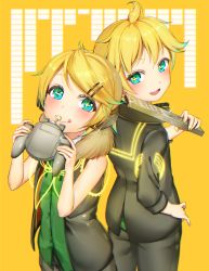 Rule 34 | + -, 1boy, 1girl, blonde hair, blue eyes, blush, brother and sister, closed mouth, controller, eyebrows, hachinatsu, hair ornament, hairclip, highres, kagamine len, kagamine rin, long sleeves, looking at viewer, nail polish, open mouth, remote control, remote control (vocaloid), short hair, siblings, sleeveless, smile, twins, vocaloid, yellow nails