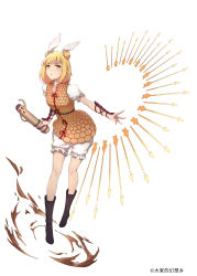 Rule 34 | 1girl, absurdres, arrow (projectile), black footwear, blonde hair, boots, commentary request, double bun, fei mao, full body, hair ornament, highres, holding, joutouguu mayumi, official art, puffy short sleeves, puffy sleeves, short hair, short sleeves, simple background, solo, tagme, touhou, white background, yellow eyes