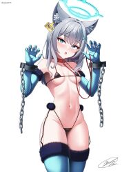 Rule 34 | 1girl, absurdres, alternate costume, animal ear fluff, animal ears, bare shoulders, bikini, black bikini, blue archive, blue eyes, blush, breasts, chain, claw pose, collar, collarbone, cowboy shot, cross, cuffs, ear tag, elbow gloves, extra ears, fingernails, fur trim, garter straps, gloves, groin, hair between eyes, hair ornament, halloween, halloween costume, halo, hands up, highleg, highleg bikini, highres, inverted cross, leash, leehamin777, micro bikini, navel, open mouth, shackles, sharp fingernails, shiroko (blue archive), simple background, skindentation, small breasts, solo, stomach, swimsuit, thighhighs, white background, wolf ears