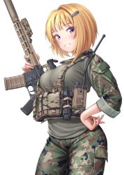 Rule 34 | 1girl, absurdres, assault rifle, blonde hair, breasts, camouflage, camouflage pants, chest rig, commission, ellen aice, grey shirt, gun, highres, holding, holding gun, holding weapon, kzm (sub-moa works), large breasts, m4 carbine, military, military uniform, muv-luv, pants, purple eyes, rifle, shirt, skeb commission, smile, solo, uniform, weapon, white background, woodland camouflage