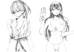 Rule 34 | 2girls, :p, akagi (kancolle), bikini, breasts, closed mouth, food, greyscale, highres, holding, holding food, japanese clothes, kaga (kancolle), kantai collection, kimono, large breasts, long hair, medium breasts, monochrome, multiple girls, open clothes, ponytail, popsicle, side ponytail, simple background, smile, swimsuit, tongue, tongue out, traditional media, tsuji kazuho