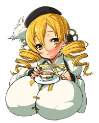 Rule 34 | 10s, 1girl, blonde hair, breast rest, breasts, cup, drill hair, female focus, hat, huge breasts, mahou shoujo madoka magica, nekomamire, simple background, solo, tea, teacup, tomoe mami, upper body, white background, yellow eyes