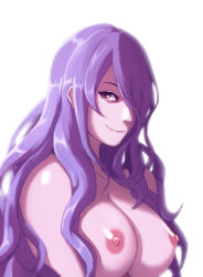 Rule 34 | 1girl, breasts, camilla (fire emblem), fire emblem, fire emblem fates, hair over one eye, long hair, looking at viewer, naughty face, nintendo, nipples, purple hair, red eyes, shanabi, simple background, smile, solo