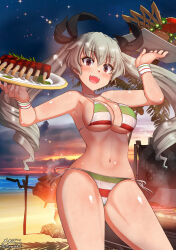 Rule 34 | 1girl, anchovy (girls und panzer), beach, bikini, blush, breasts, cleavage, drill hair, food, girls und panzer, green hair, hair ribbon, highres, italian flag bikini, large breasts, long hair, looking at viewer, megadeko, navel, night, night sky, ocean, open mouth, outdoors, red eyes, ribbon, side-tie bikini bottom, sky, smile, solo, swimsuit, twin drills, twintails