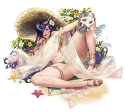 Rule 34 | 1girl, alcohol, artist request, beer, beer mug, bikini, blue hair, breasts, brown eyes, cup, destiny child, eyewear on head, flower, green bikini, hair over one eye, hat, holding, holding cup, huge breasts, long hair, mug, multicolored hair, nail polish, official art, open mouth, phorcys (destiny child), red nails, sandals, see-through, spread legs, starfish, straw hat, streaked hair, sunglasses, swimsuit, thigh strap, thighs, toenail polish, toenails, transparent background, very long hair, wet, white flower, yellow flower