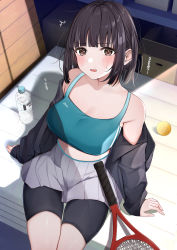 Rule 34 | 1girl, absurdres, bare shoulders, black hair, black jacket, blue sports bra, blush, bottle, breasts, cleavage, commentary request, from above, grey skirt, highres, jacket, large breasts, long sleeves, looking at viewer, looking up, off shoulder, open clothes, open jacket, original, parted lips, racket, short hair, sitting, skirt, solo, sports bra, tennis racket, thighs, uiri-na, water bottle