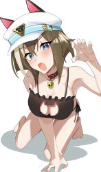 Rule 34 | 1girl, absurdres, alternate costume, animal ears, anok7456, arm up, armpits, bare shoulders, barefoot, bell, belt collar, black bra, black panties, bra, breasts, brown hair, cat lingerie, cheval grand (umamusume), claw pose, cleavage, cleavage cutout, clothing cutout, collar, commentary request, hat, highres, horse ears, horse girl, horse tail, large breasts, medium breasts, meme attire, multicolored hair, neck bell, panties, peaked cap, red collar, shadow, simple background, solo, streaked hair, tail, umamusume, underwear, white background, white hair, white hat