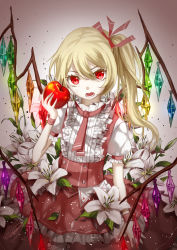 Rule 34 | 1girl, adapted costume, apple, blonde hair, center frills, cowboy shot, eyelashes, flandre scarlet, flower, food, frills, fruit, hair between eyes, hair ribbon, highres, holding, holding food, holding fruit, lily (flower), looking at viewer, open mouth, puffy short sleeves, puffy sleeves, red eyes, red ribbon, red skirt, ribbon, short sleeves, skirt, skirt set, solo, touhou, white flower, wings, wrist cuffs, ze xia