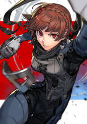 Rule 34 | 1girl, black bodysuit, black scarf, blue bodysuit, blunt bangs, bodysuit, braid, brown hair, closed mouth, crown braid, gloves, grey gloves, hungry clicker, lips, long sleeves, looking at viewer, mask, unworn mask, multicolored bodysuit, multicolored clothes, niijima makoto, persona, persona 5, pink lips, red eyes, scarf, serious, short hair, shoulder spikes, solo, spiked knuckles, spikes