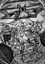 Rule 34 | 1girl, absurdres, bare shoulders, bracelet, claws, closed mouth, covered navel, floating, greyscale, halo, highres, horns, izayoi cha, jewelry, long hair, looking at viewer, monochrome, one eye closed, original, sketch, solo, spikes, teeth, third eye, torn, torn wings, wings