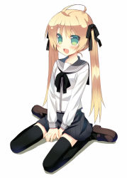 Rule 34 | 1girl, ahoge, black thighhighs, blonde hair, fang, female focus, full body, green eyes, hair ribbon, kneeling, loafers, meito (maze), no pupils, open mouth, original, ribbon, school uniform, shoes, sitting, smile, solo, thighhighs, twintails, v arms, wariza, white background, zettai ryouiki