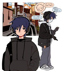 Rule 34 | 1boy, artist name, bag charm, black bag, black eyes, black gloves, black headwear, black hoodie, black jacket, blue hair, building, charm (object), closed mouth, commentary, english commentary, english text, full body, gloves, grey footwear, grey pants, hat, headphones, highres, holding, hood, hood down, hoodie, jacket, kageyama ritsu, kaogens, long sleeves, looking at viewer, male focus, mask, mob psycho 100, mouth mask, outdoors, pants, shoes, short hair, sneakers, speech bubble, standing, suzuki shou, white hoodie, white mask