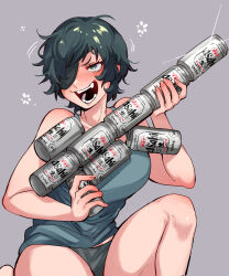 Rule 34 | 1girl, beer can, black hair, blush, breasts, can, chainsaw man, curly hair, drink can, drunk, emphasis lines, eyepatch, green eyes, grey background, grey tank top, highres, himeno (chainsaw man), holding, holding can, large breasts, looking to the side, makeshift gun, open mouth, short hair, shorts, simple background, solo, squeans, tank top, yagi ramune