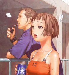 Rule 34 | 1boy, 1girl, absurdres, against railing, black shirt, blunt bangs, brown eyes, brown hair, camisole, can, cigarette, highres, holding, holding can, lighter, murata range, open mouth, orange camisole, original, profile, railing, shirt, short hair, short sleeves, speech bubble, sweat, upper body