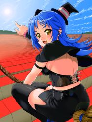 Rule 34 | 1girl, back, blue hair, blush, broom, broom riding, corset, day, hat, leather, long hair, looking back, original, pencil skirt, pointing, shin&#039;ya (shin&#039;yanchi), skirt, sky, solo, thighhighs, top hat, witch, witch hat, yellow eyes