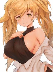 Rule 34 | 1girl, arqa, bare shoulders, blonde hair, blush, breasts, closed mouth, granblue fantasy, hand on own chest, highres, large breasts, long hair, long sleeves, looking at viewer, monika weisswind, off shoulder, open clothes, sideboob, simple background, smile, solo, taut clothes, twintails, upper body, white background, yellow eyes