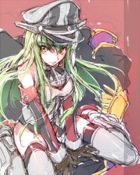 Rule 34 | 1girl, bismarck (kancolle), bismarck (kancolle) (cosplay), blush, c.c., code geass, cosplay, creayus, detached sleeves, green hair, grey thighhighs, hat, kantai collection, long hair, looking at viewer, military, military uniform, peaked cap, solo, thighhighs, uniform, yellow eyes