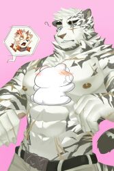 Rule 34 | 2boys, ?, abs, absurdres, anger vein, animal ears, arknights, aroused, artist self-insert, bara, blush, brown fur, cowboy shot, dog boy, dog ears, drooling, face to pecs, furry, furry male, furry with furry, hands up, highres, horns, hung (arknights), jealous, large hands, large pectorals, long dinh, love triangle, male focus, mascot, mountain (arknights), mouth drool, multiple boys, muscular, muscular male, navel, nipples, pectorals, pink background, scar, scar across eye, scar on chest, scar on stomach, single horn, solo focus, tiger boy, tiger ears, topless male, two-tone fur, white fur, white hair, yaoi