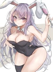 Rule 34 | 1girl, alternate costume, alternate eye color, animal ears, bare shoulders, black thighhighs, blush, breasts, cleavage, closed mouth, collarbone, commentary request, covered navel, cup, detached collar, drinking glass, eyelashes, hegata (hegatia lapis), highres, holding, holding cup, leotard, light purple hair, long hair, looking at viewer, medium breasts, playboy bunny, purple eyes, purple hair, rabbit ears, reisen udongein inaba, sidelocks, simple background, solo, standing, sweatdrop, thighhighs, thighs, touhou, white background, wine glass, wing collar