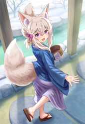 Rule 34 | 1girl, :d, absurdres, animal ear fluff, animal ears, bare tree, brown footwear, brown hair, commentary request, day, folded ponytail, fox ears, fox girl, fox tail, from side, grey kimono, hair between eyes, hair ribbon, highres, iroha (iroha matsurika), japanese clothes, kimono, koyoi (iroha (iroha matsurika)), long sleeves, looking at viewer, looking to the side, onsen, open clothes, open mouth, original, purple eyes, purple ribbon, ribbon, sandals, smile, snow, solo, tail, tree, walking, water, wide sleeves, yukata, zouri