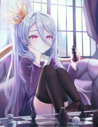 Rule 34 | 1girl, absurdres, black thighhighs, blush, board game, chess, chess piece, closed mouth, commentary request, couch, crown, curtains, dress, hair between eyes, hands up, has bad revision, has downscaled revision, high ponytail, highres, holding, indoors, iren lovel, knees up, long sleeves, md5 mismatch, no game no life, no shoes, on couch, pillow, ponytail, purple dress, purple eyes, resolution mismatch, sailor collar, sailor dress, shiro (no game no life), silver hair, sitting, soles, solo, source smaller, thighhighs, tilted headwear, white sailor collar, window