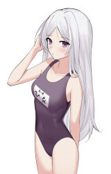 Rule 34 | 1girl, absurdres, bare arms, bare shoulders, black one-piece swimsuit, blue archive, blush, breasts, closed mouth, collarbone, commentary request, covered navel, grey hair, hand up, highres, hina (blue archive), hina (swimsuit) (blue archive), long hair, looking at viewer, nagisa (cxcx5235), name tag, one-piece swimsuit, parted bangs, partial commentary, purple eyes, school swimsuit, simple background, single hair intake, small breasts, solo, swimsuit, very long hair, white background
