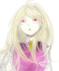 Rule 34 | 1girl, :o, ahoge, akamatsu kaede, artist request, blonde hair, danganronpa (series), danganronpa v3: killing harmony, hair ornament, hairclip, hand up, highres, long hair, looking up, necktie, painting (action), pink eyes, school uniform, shirt, simple background, solo, sparkle, sweater vest, upper body, white background, white shirt