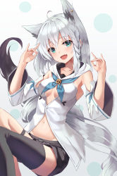 Rule 34 | 1girl, :d, ahoge, animal ear fluff, animal ears, aqua eyes, arm ribbon, armpits, bad id, bad pixiv id, bare shoulders, black shorts, black thighhighs, blue background, blue neckerchief, blue ribbon, blush, braid, breasts, cleavage, collarbone, commentary request, cowboy shot, detached sleeves, double fox shadow puppet, earrings, extra ears, fang, fox ears, fox shadow puppet, fox tail, groin, hair between eyes, highres, hololive, hood, hood down, jewelry, kerno, long hair, looking at viewer, medium breasts, midriff, navel, neckerchief, open mouth, pentagram, ponytail, ribbon, shirakami fubuki, shirakami fubuki (1st costume), shirt, short shorts, shorts, side braid, sidelocks, single earring, single thighhigh, skin fang, skindentation, sleeveless, sleeveless shirt, smile, solo, tail, thigh strap, thighhighs, virtual youtuber, white hair, white sleeves