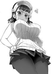 Rule 34 | 10s, 1girl, alternate costume, asanagi, blush, breasts, covered erect nipples, eyewear strap, from below, glasses, greyscale, hat, highres, kantai collection, monochrome, pantyhose, roma (kancolle), short hair, simple background, skirt, sleeveless, solo, sweater, white background