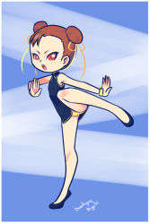 Rule 34 | 1girl, angry, black dress, black footwear, blue background, bracelet, brown hair, capcom, china dress, chinese clothes, chun-li, double bun, drantyno, dress, fighting stance, flat chest, hair bun, hair ribbon, jewelry, kicking, looking at viewer, open mouth, panties, pantyshot, red eyes, ribbon, shoes, sleeveless, sleeveless dress, standing, standing on one leg, street fighter, underwear, yellow panties, aged down