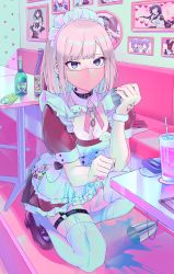 Rule 34 | 1girl, apron, blue eyes, blue hair, blunt bangs, bottle, breasts, brown footwear, character request, cleavage, commentary request, copyright request, cup, drinking glass, highres, indoors, loafers, maid, maid apron, mask, mouth mask, pink hair, portrait (object), puffy short sleeves, puffy sleeves, shoes, short hair, short sleeves, solo, squatting, thighhighs, tsunosekai, white thighhighs