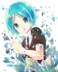 Rule 34 | androgynous, black necktie, black shirt, blue hair, collared shirt, commentary request, crystal, dutch angle, gem uniform (houseki no kuni), gender request, green eyes, houseki no kuni, looking at viewer, necktie, parted lips, phosphophyllite, puffy short sleeves, puffy sleeves, shirt, short hair, short sleeves, signature, solo, uniform, white background, white shirt, yonema