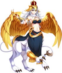 Rule 34 | 1girl, armlet, artist request, bare shoulders, black eyes, breasts, choker, claws, cleavage, colored sclera, crown, fal (monster musume), feathered wings, feathers, full body, game cg, large breasts, long hair, midriff, monster musume no iru nichijou, monster musume no iru nichijou online, navel, official art, smile, solo, tail, taur, transparent background, white hair, wings, yellow feathers, yellow sclera, yellow wings