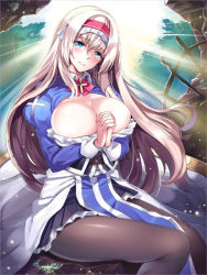 Rule 34 | 1girl, blonde hair, blue eyes, breasts, cattleya (x-overd), cleavage, hairband, large breasts, light rays, long hair, looking at viewer, official art, outdoors, own hands together, pantyhose, sitting, solo, sourabouzu, x-overd