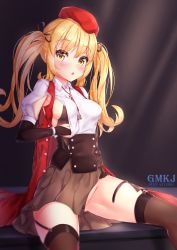 Rule 34 | 1girl, absurdres, artist request, beret, black background, blonde hair, blush, breasts, commentary request, garter straps, girls&#039; frontline, gmkj, groin, hair ornament, hat, highres, jacket, looking at viewer, medium breasts, mod3 (girls&#039; frontline), no panties, open mouth, simple background, sitting, solo, sten mkii (girls&#039; frontline), sten mkii (mod3) (girls&#039; frontline), thighhighs, twintails, yellow eyes