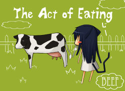 Rule 34 | animal ears, blue hair, cat ears, cat tail, chibi, cow, dress, english text, kumakichi, lowres, original, solo, tail