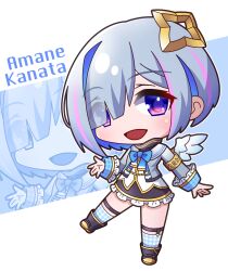 Rule 34 | 1girl, :d, absurdres, amane kanata, amane kanata (1st costume), armband, black footwear, black skirt, blue bow, blue hair, blush, boots, bow, chibi, commentary request, feathered wings, frilled skirt, frilled sleeves, frills, full body, grey hair, grey jacket, highres, hololive, jacket, looking at viewer, multicolored hair, open mouth, pink hair, plaid clothes, plaid socks, purple eyes, purple hair, saishosaisekojo, shirt, skirt, smile, socks, solo, standing, standing on one leg, streaked hair, two-tone hair, virtual youtuber, white background, white shirt, white wings, wings, zoom layer