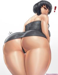 Rule 34 | !, 1girl, arched back, ass, bare shoulders, black dress, black hair, black panties, breasts, cameltoe, commentary, dress, english commentary, eyelashes, from behind, from below, highres, huge ass, large breasts, looking at viewer, looking back, looking down, nostrils, panties, partially visible vulva, patreon username, red eyes, shoulder blades, simple background, skindentation, solo, spy x family, strapless, strapless dress, superbusty, teeth, thick thighs, thigh gap, thighs, underbutt, underwear, upper teeth only, watermark, web address, yor briar