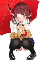 Rule 34 | 1girl, alternate costume, black footwear, black thighhighs, blue skirt, blush, bow, bowtie, bra, breasts, brown jacket, closed mouth, collared shirt, commentary, dress shirt, ear piercing, eyepatch, full body, highres, holding, holding umbrella, hololive, houshou marine, jacket, looking at viewer, medium breasts, medium hair, miniskirt, off shoulder, panties, pantyshot, piercing, red bow, red bowtie, red eyes, red hair, red umbrella, school uniform, see-through, shirt, shoes, simple background, skirt, smile, solo, squatting, striped bow, striped bowtie, striped clothes, striped neckwear, symbol-only commentary, thighhighs, twintails, umbrella, underwear, virtual youtuber, white background, white bra, white panties, white shirt, wing collar, yoyoshi renga