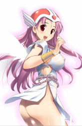 Rule 34 | 1girl, angel wings, ass, blush, bottomless, breasts, chunsoft, cowboy shot, dragon quest, dragon quest iv, enix, gradient background, helmet, hima, large breasts, long hair, lucia (dq), miniskirt, nipples, no panties, pink hair, red eyes, see-through, skirt, solo, wings