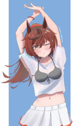 Rule 34 | 1girl, adapted costume, alternate hair length, alternate hairstyle, animal ears, arm up, armpits, arms up, bead bracelet, beads, bikini, blue background, blush, border, bracelet, breasts, brown hair, closed mouth, commentary, cowboy shot, english commentary, front-tie bikini top, front-tie top, hair between eyes, head tilt, highres, horse ears, horse girl, jewelry, kempowder, light blue background, long hair, looking at viewer, md5 mismatch, medium breasts, midriff, miniskirt, multicolored hair, navel, nice nature (run&amp;win) (umamusume), nice nature (umamusume), no jacket, one eye closed, pillarboxed, pleated skirt, ponytail, see-through, see-through shirt, self-upload, shirt, short sleeves, simple background, skirt, solo, streaked hair, stretching, sweat, sweatdrop, swimsuit, umamusume, wet, white border, white shirt, white skirt