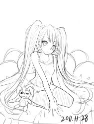 Rule 34 | 1girl, bad id, bad pixiv id, dated, greyscale, hatsune miku, highres, long hair, looking at viewer, monochrome, sei000, solo, stuffed animal, stuffed toy, thighhighs, twintails, very long hair, vocaloid